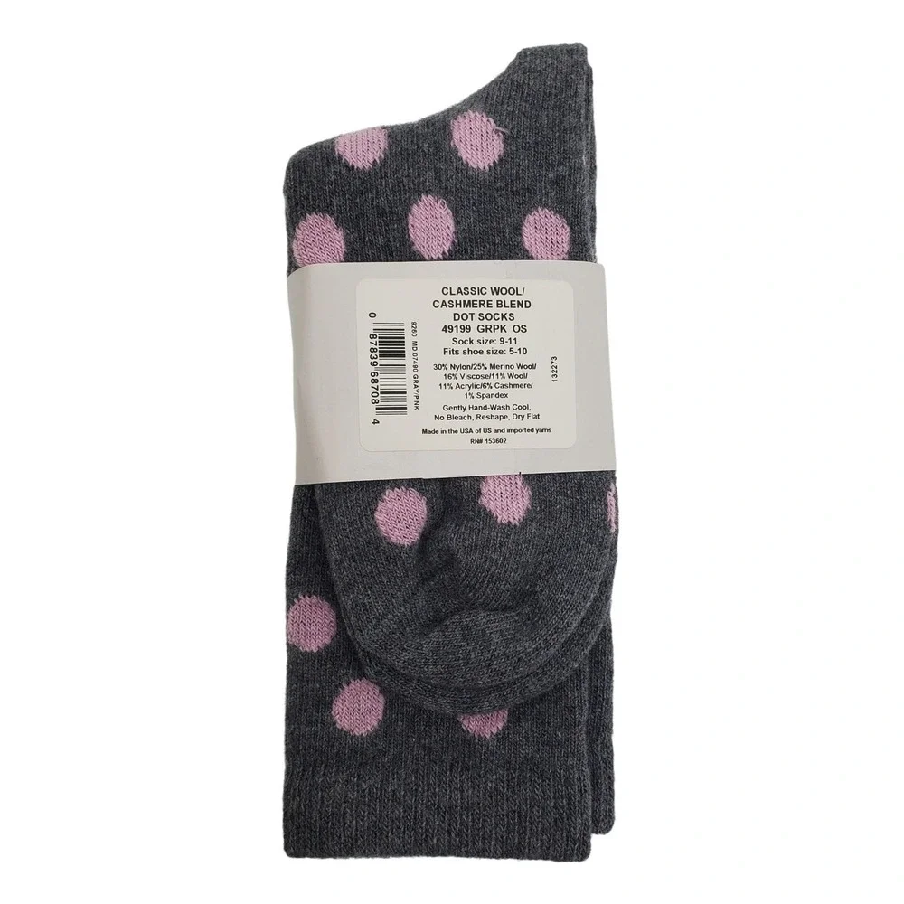 Gray Pink Dot Crew Socks Medium Garnet Hill Cashmere Blend 9-11 Warm Cozy Dress